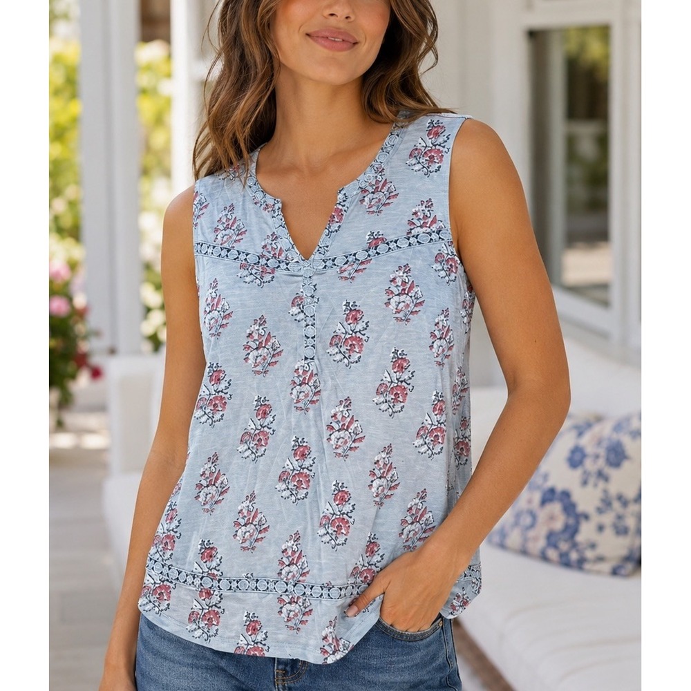 Lucky Brand XL Blue Floral Crochet Trim Sleeveless Boho Hippie Peasant Top NWOT
